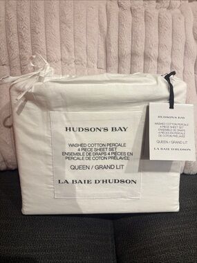 BNWT Hudson’s Bay Company HBC Washed Cotton Percale 4-Piece Sheet Set -Queen